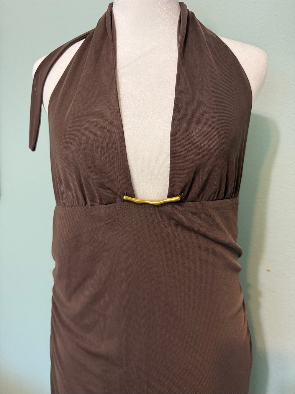 Caroline Constas Salma Brown Halter Maxi Beach Dress or Coverup with Gold Accent - Picture 3 of 7
